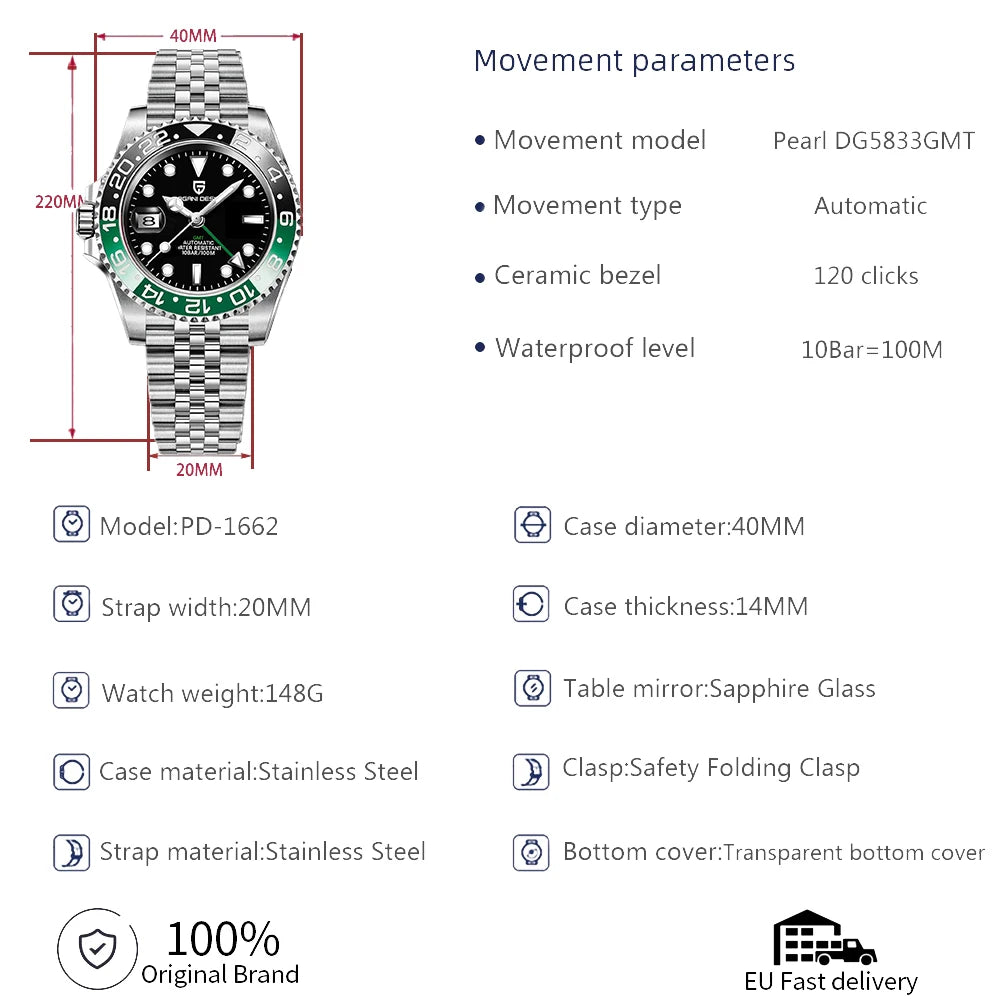 PAGANI DESIGN PD-1662 Montre-bracelet mécanique de luxe GMT pour hommes Verre saphir Acier inoxydable Montres automatiques étanches à 100 m