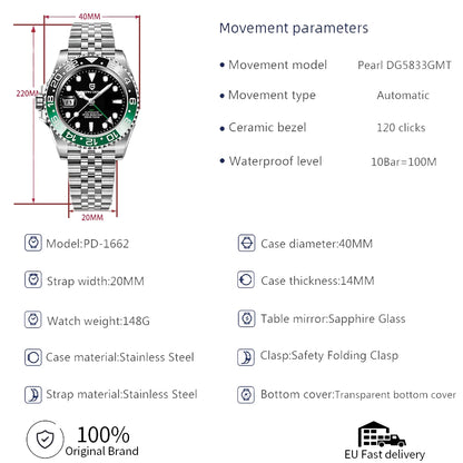 PAGANI DESIGN PD-1662 Montre-bracelet mécanique de luxe GMT pour hommes Verre saphir Acier inoxydable Montres automatiques étanches à 100 m