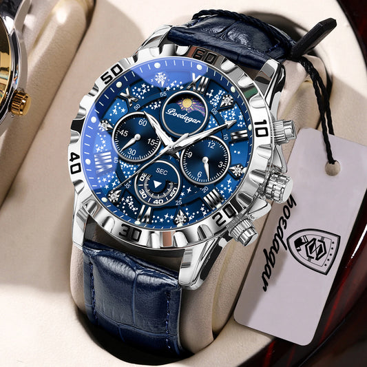 POEDAGAR Chronograph Luminous Leather Watch for Men