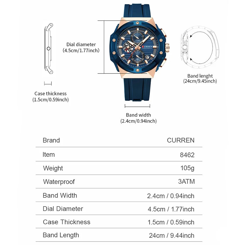 CURREN Montre à quartz multifonctionnelle de sport à la mode avec bracelet en silicone Cadran au design créatif Aiguilles lumineuses