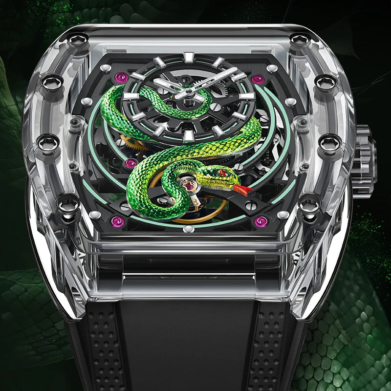 BONEST GATTI 6004 Montre Homme Automatique Tonneau Montre-Bracelet Mécanique Boîtier Acrylique Saphir Lumineux Cadran Serpent Montres Pour Hommes