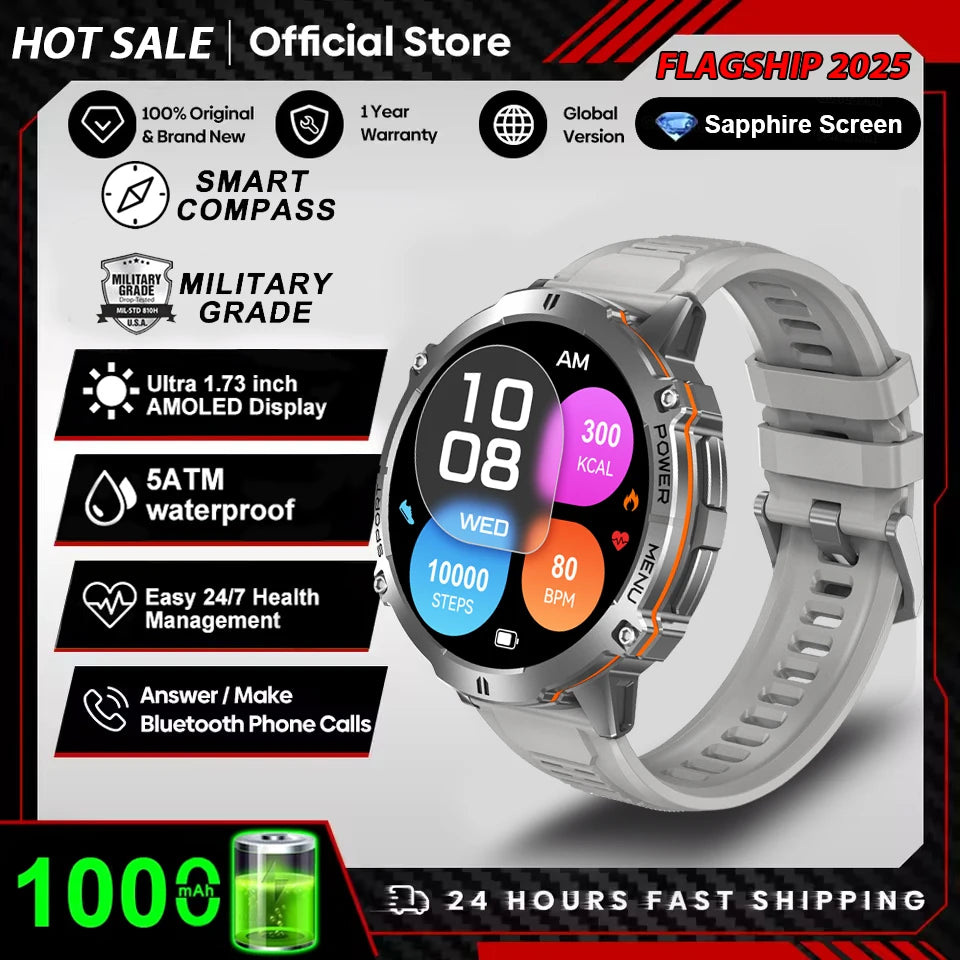 Montre Connectée Militaire 2026 TANK X3 Homme Écran AMOLED 1.73" Étanche 5ATM Batterie 1000mAh GPS Suivi Sportif Fitness