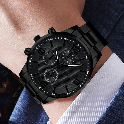 2/4PCS Men's Watch Set Business Trend Fashion Classic Three Eye Quartz Watch Bracelet Necklace Ring Set Perfect Gift