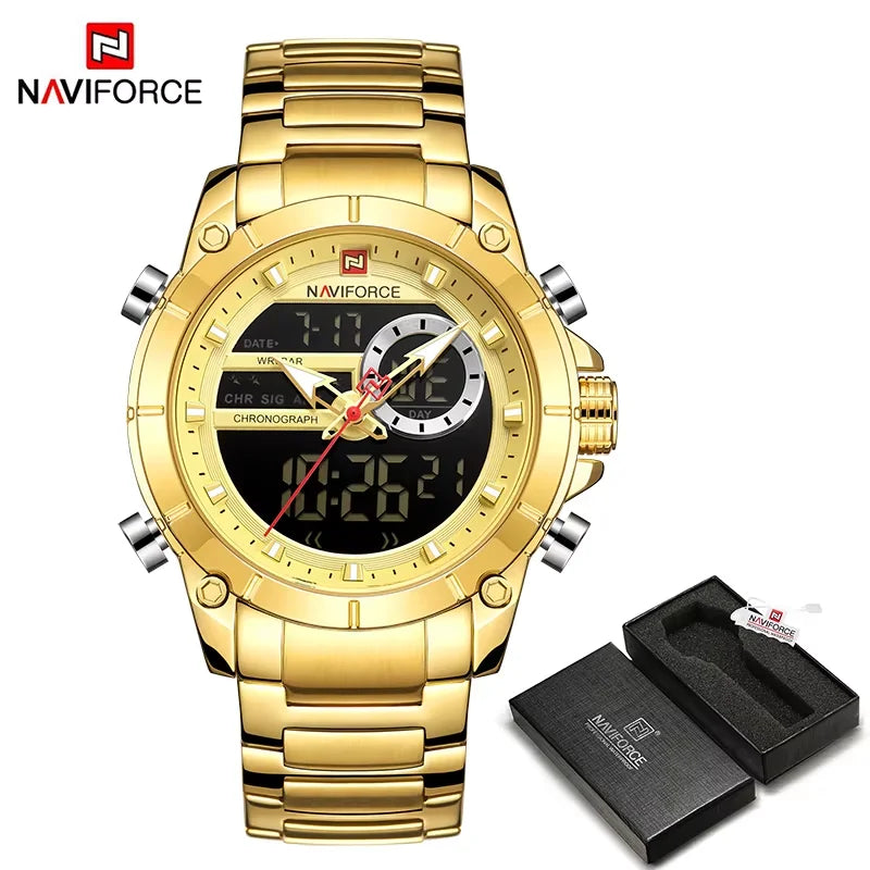 NAVIFORCE 9163 Montre-bracelet de sport de luxe originale pour hommes, mouvement à quartz, étanche en acier, double affichage, montres militaires Relogio Masculino