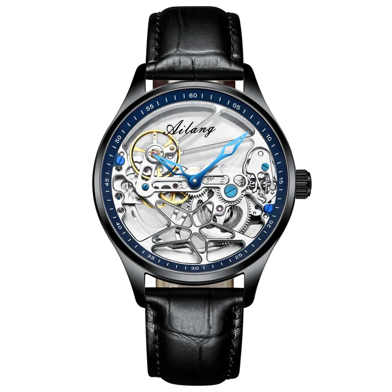 AILANG NEW Skeleton Automatic Movement Watch For Men Mechanical Luxury Black Steel Watches Mens Horloge Tourbillon 2023