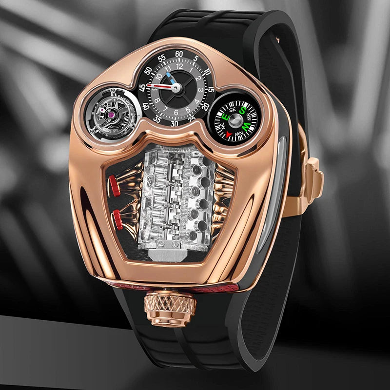 PINDU Engine Series Stainless Steel Compass Watch + Box