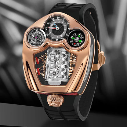 PINDU Engine Series Stainless Steel Compass Watch + Box