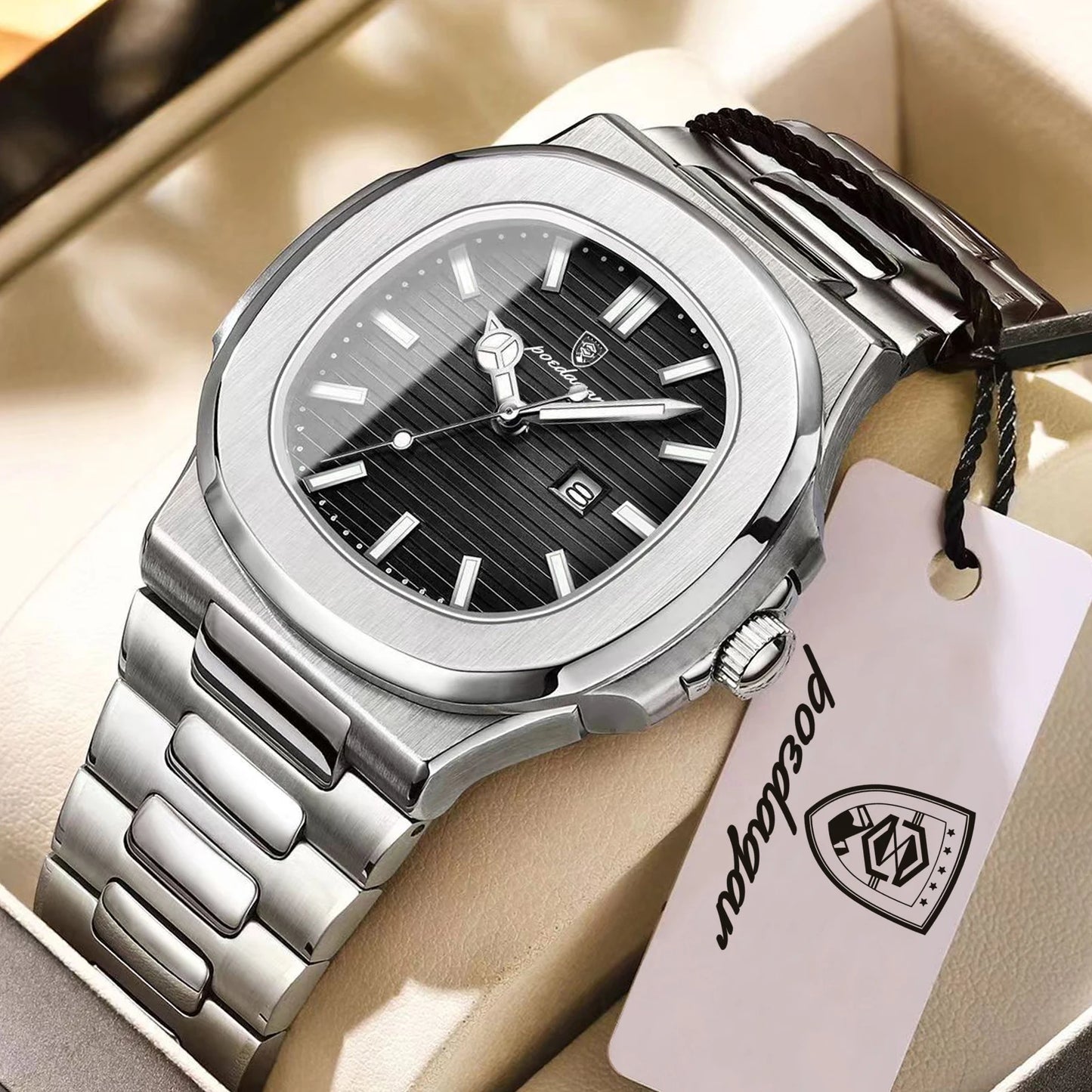 Montre-bracelet de luxe carrée POEDAGAR pour homme, étanche, lumineuse, date, en acier inoxydable, montre à quartz pour homme d'affaires et de sport
