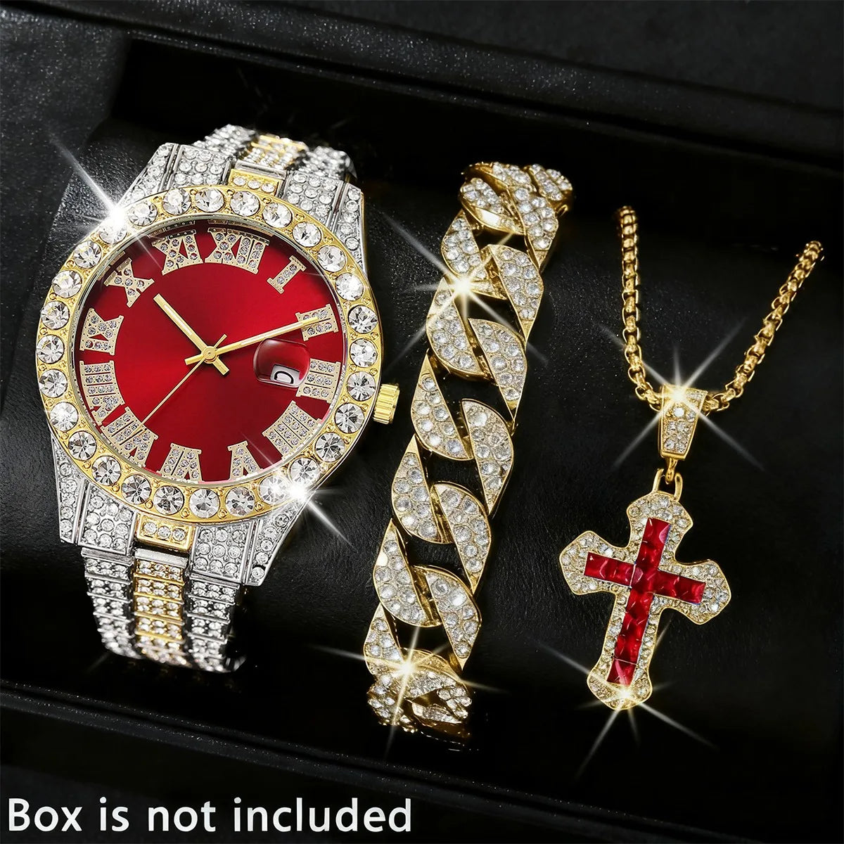 3 montres de luxe pour homme, bracelet, collier, ensemble, mode Hip Pop, montres à quartz avec calendrier pour homme, Reloj Mujer (sans boîte)