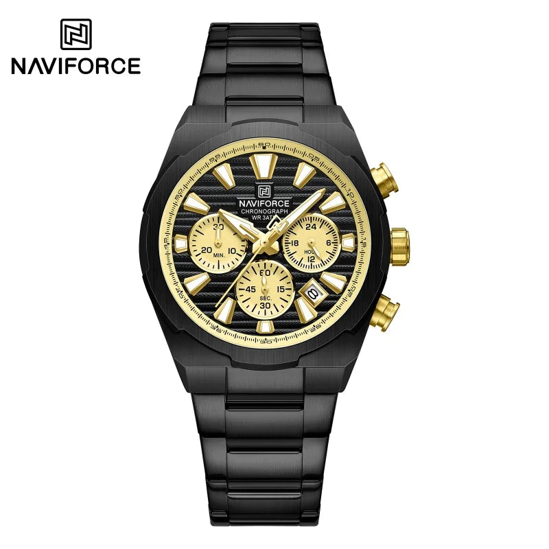 Montre-bracelet à quartz NAVIFORCE pour homme, multifonctionnelle, avec calendrier, chronomètre, lumineuse, étanche 30 ATM, bracelet en acier inoxydable