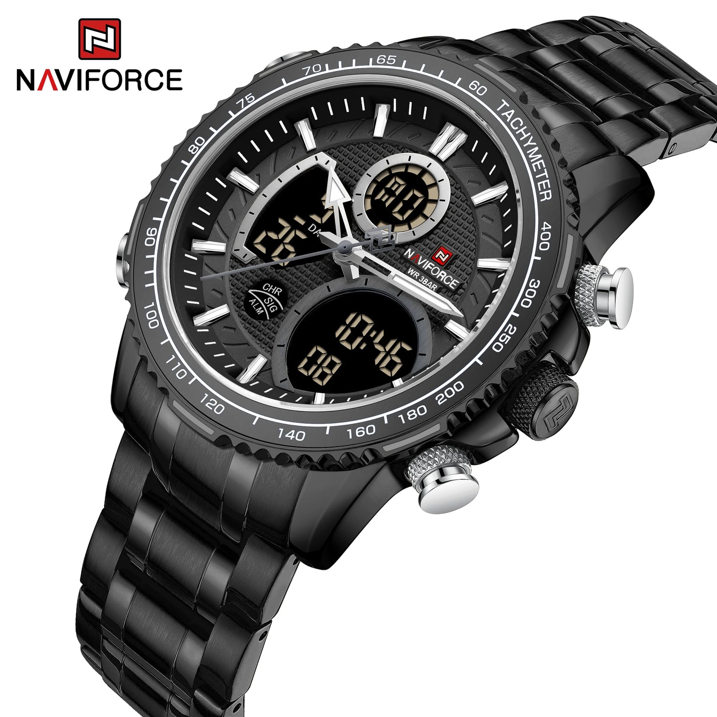 NAVIFORCE Montre Homme Tendance Marque de Luxe Sport Chronographe à Quartz Étanche Militaire en Acier Inoxydable