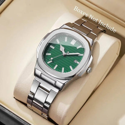 Montre de Luxe pour Homme, Cadran Carré Tendance, Bracelet en Acier Inoxydable, Mouvement à Quartz avec Calendrier (Sans Boîte)