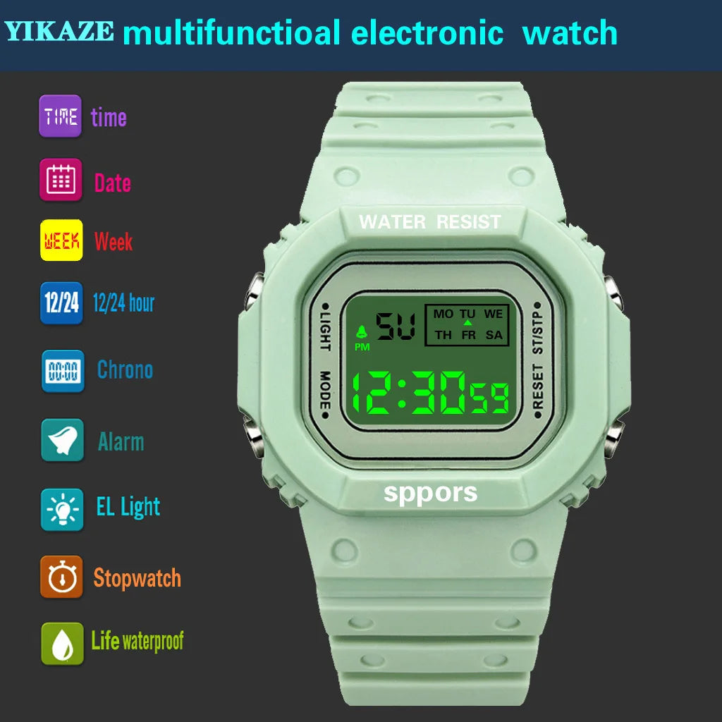 Montre de sport YIKAZE pour garçons et filles, montre électronique à LED pour étudiants, montre numérique carrée colorée pour hommes et femmes, montre étanche en caoutchouc