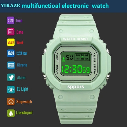 Montre de sport YIKAZE pour garçons et filles, montre électronique à LED pour étudiants, montre numérique carrée colorée pour hommes et femmes, montre étanche en caoutchouc
