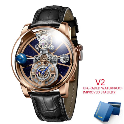 PINDU Design Montre à quartz pour homme collection Celestial, miroir incurvé, cadran ciel étoilé, surface cristalline, thème Terre, montre-bracelet