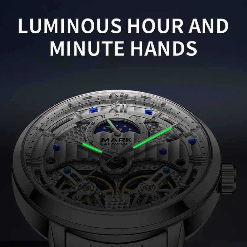 Mark Fairwhale 6023 Luxury Quartz Steel Strip Automatic Movement Watch Waterproof Double Tourbillon Moonphase Watches for Men