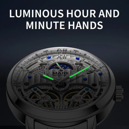 Mark Fairwhale 6023 Luxury Quartz Steel Strip Automatic Movement Watch Waterproof Double Tourbillon Moonphase Watches for Men