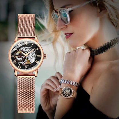 Forsining 099L Montre squelette élégante et tendance pour femmes, nouvelles montres-bracelets mécaniques de luxe en or rose pour dames