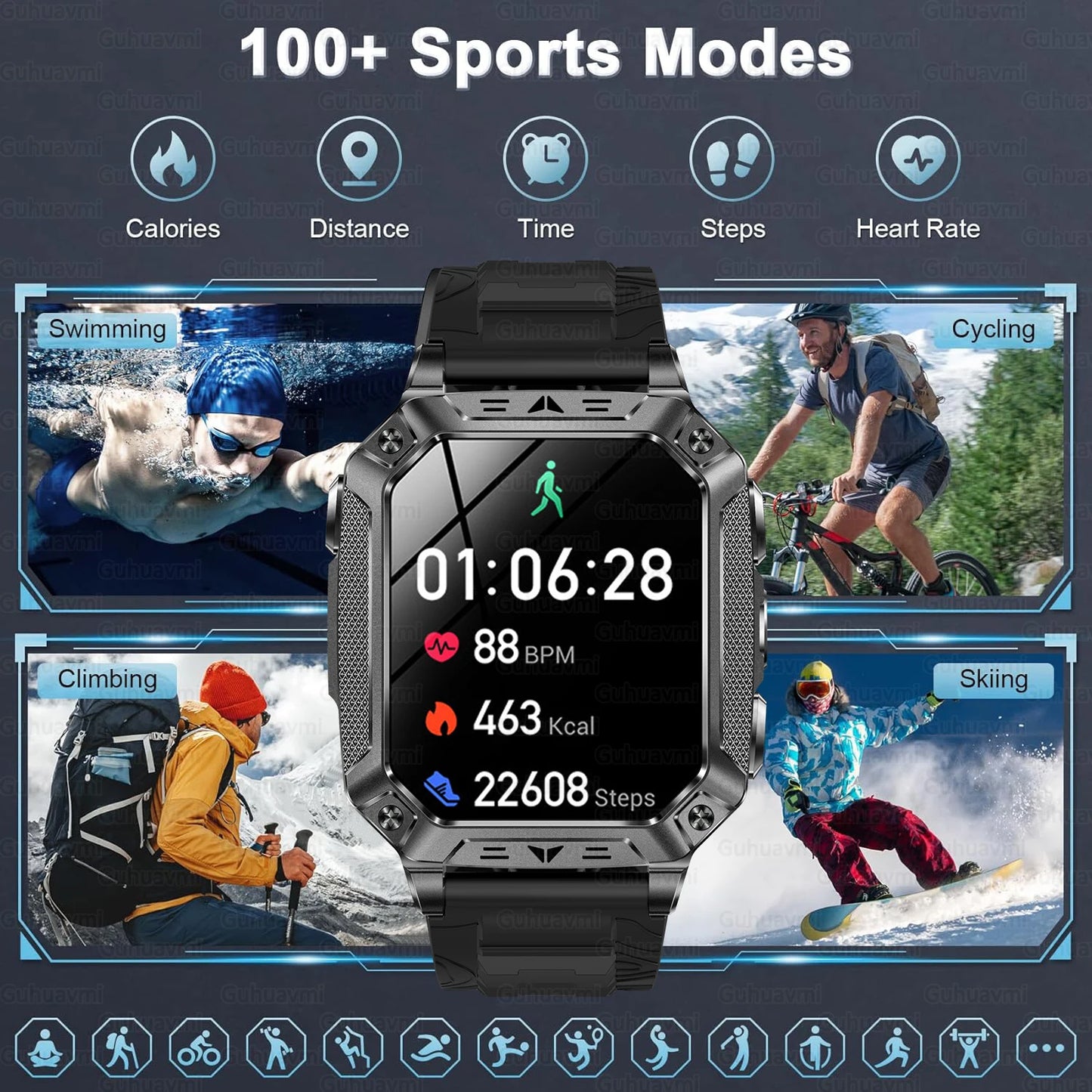 Montre Intelligente Militaire Homme 1500mAh Longue Autonomie Sport Extérieur Montre Connectée Homme Étanche 10ATM Fréquence Cardiaque Appel BT Grande Batterie