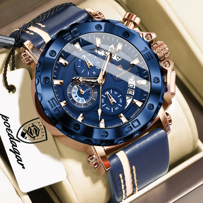 POEDAGAR Montres originales pour homme étanches lumineuses, date, mode, horloge masculine, chronographe, bracelet en cuir, montre-bracelet à quartz pour homme