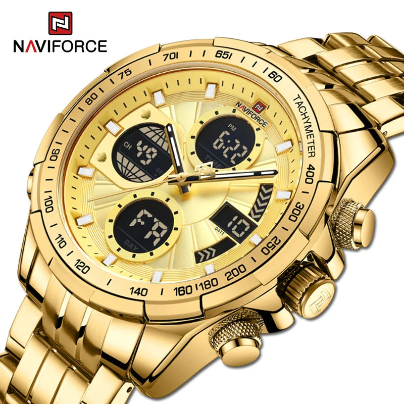 Montres de Luxe NAVIFORCE Or pour Homme Montre-bracelet Sport Militaire Numérique Quartz Bracelet Acier Étanche Lumineuse Réveil