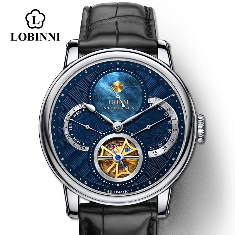 Montre LOBINNI Homme Automatique Or Montres Mécaniques Bracelets de Montre Mode bracelet sportif chronographe Squelette Saphir Marques de Montres