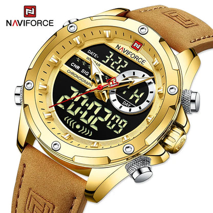 NAVIFORCE Montre-bracelet de luxe originale pour hommes, double fuseau horaire, sport, décontractée, chronographe, alarme, quartz, bracelet en cuir, étanche
