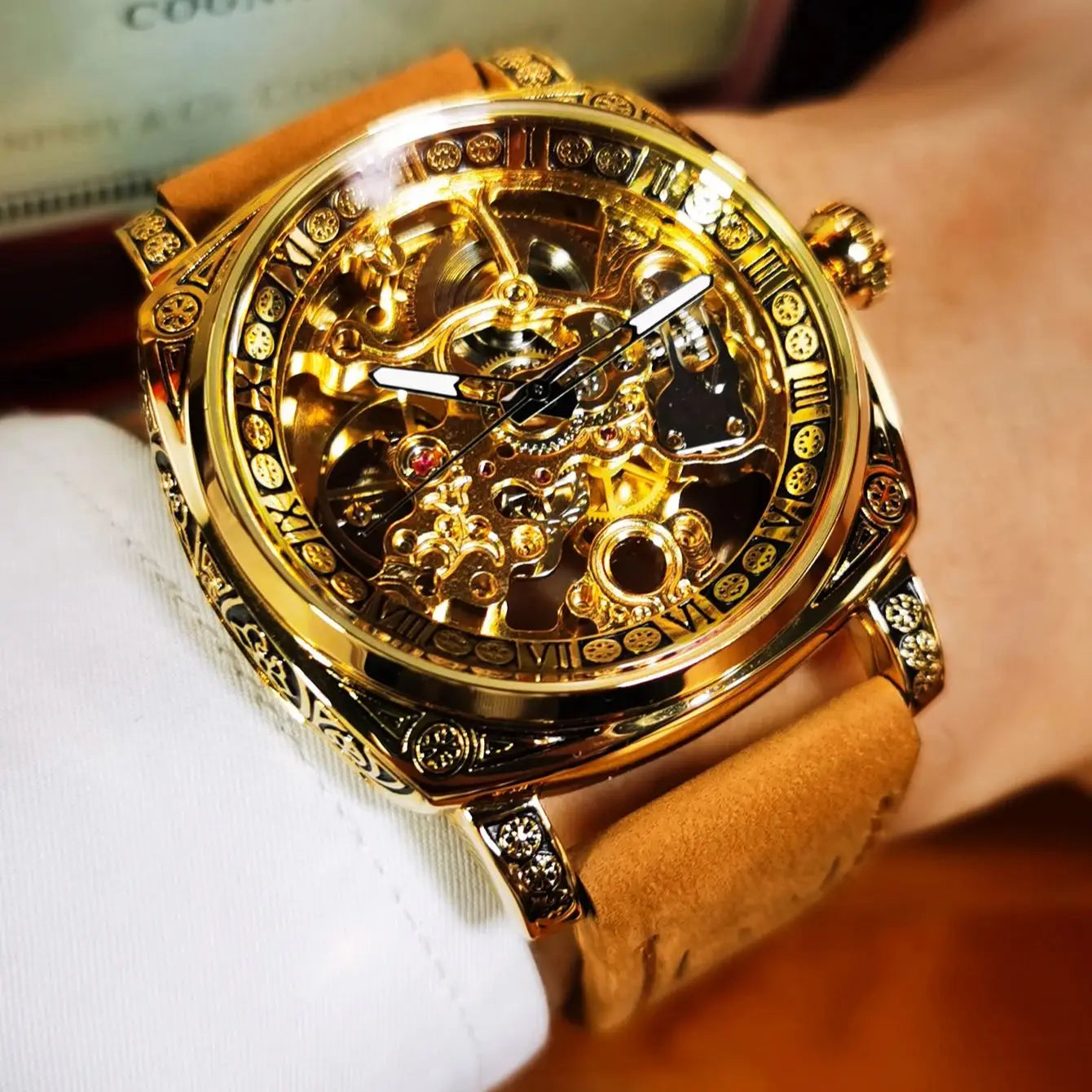 Forsining Royal Retro Skeleton Automatic Mechanical Watch for Men Leather Strap Business Casual Mens Watches Top Brand Gifts New