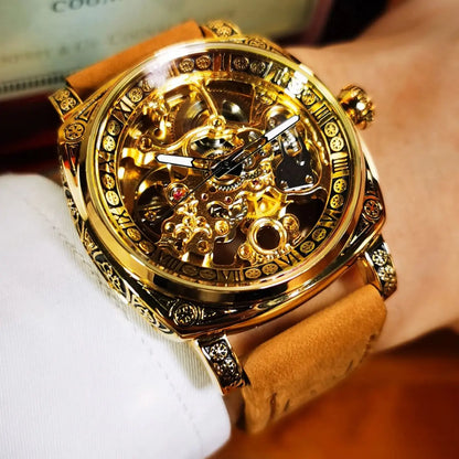 Forsining Royal Retro Skeleton Automatic Mechanical Watch for Men Leather Strap Business Casual Mens Watches Top Brand Gifts New
