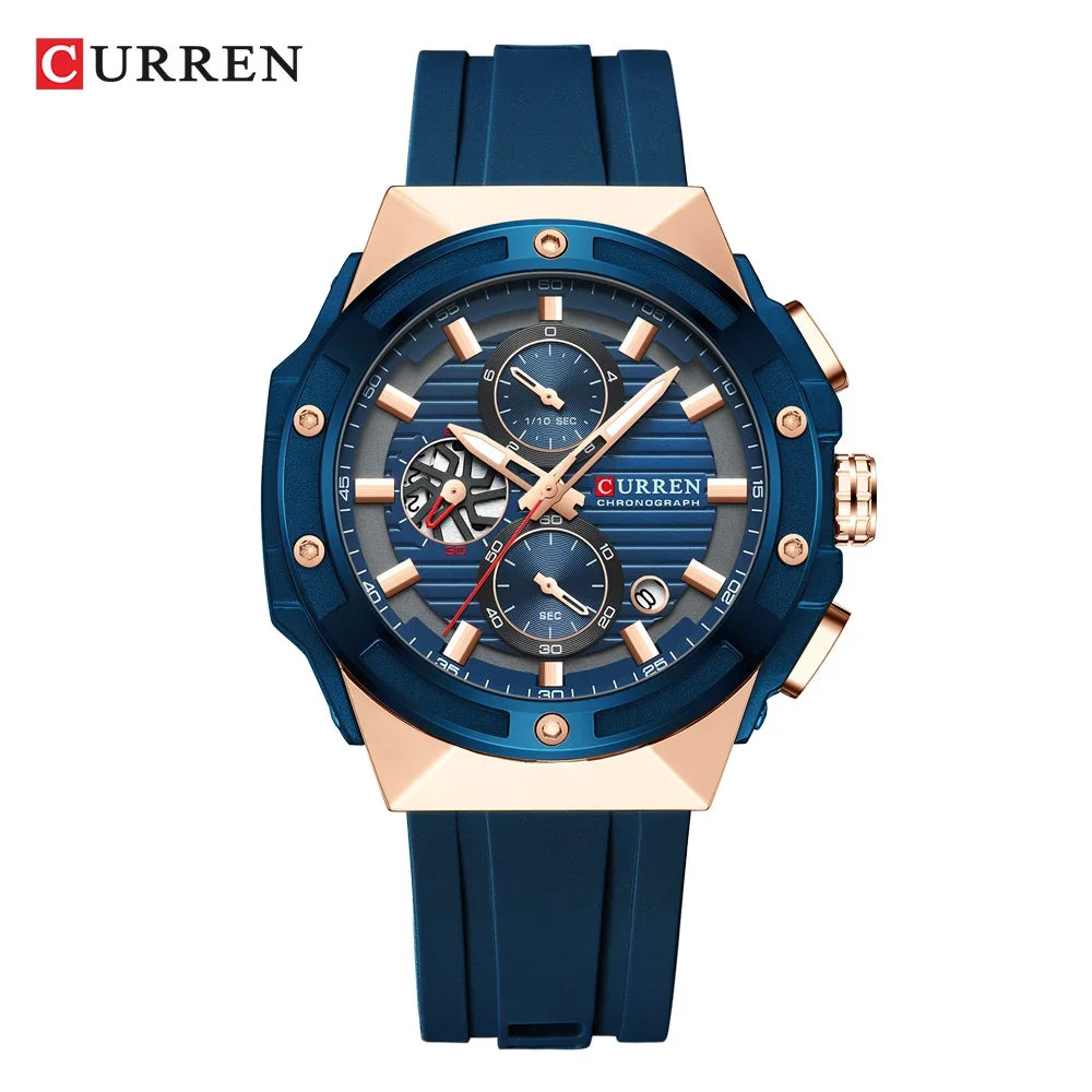 CURREN Montre à quartz multifonctionnelle de sport à la mode avec bracelet en silicone Cadran au design créatif Aiguilles lumineuses