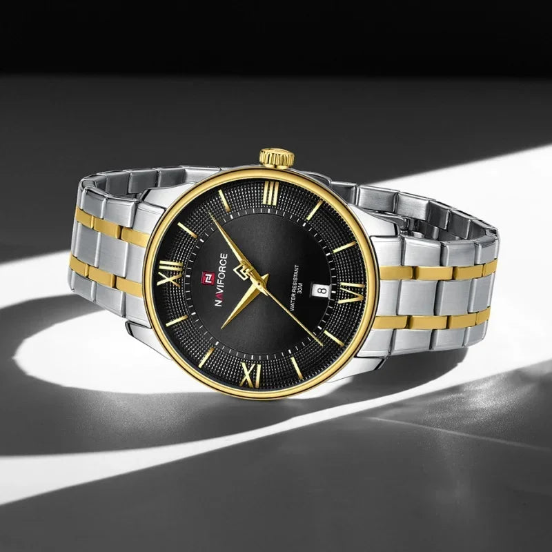 NAVIFORCE Nouvelle Montre à Quartz pour Homme avec Bracelet en Acier Inoxydable, Calendrier, Modèle Business Décontracté, Étanche et Antichoc
