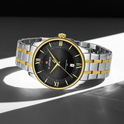 NAVIFORCE Nouvelle Montre à Quartz pour Homme avec Bracelet en Acier Inoxydable, Calendrier, Modèle Business Décontracté, Étanche et Antichoc