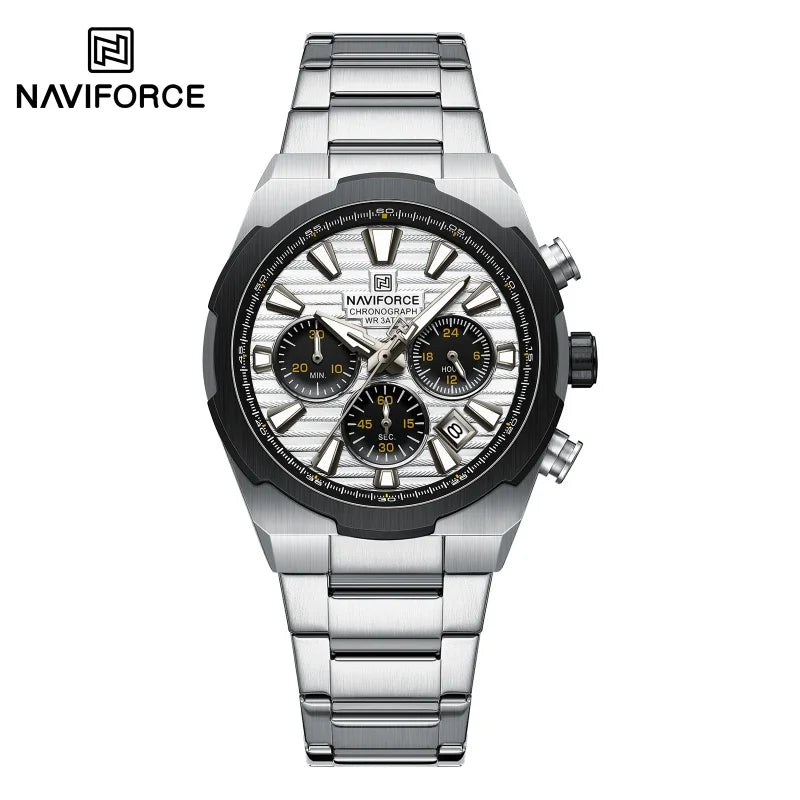 Montre-bracelet à quartz NAVIFORCE pour homme, multifonctionnelle, avec calendrier, chronomètre, lumineuse, étanche 30 ATM, bracelet en acier inoxydable