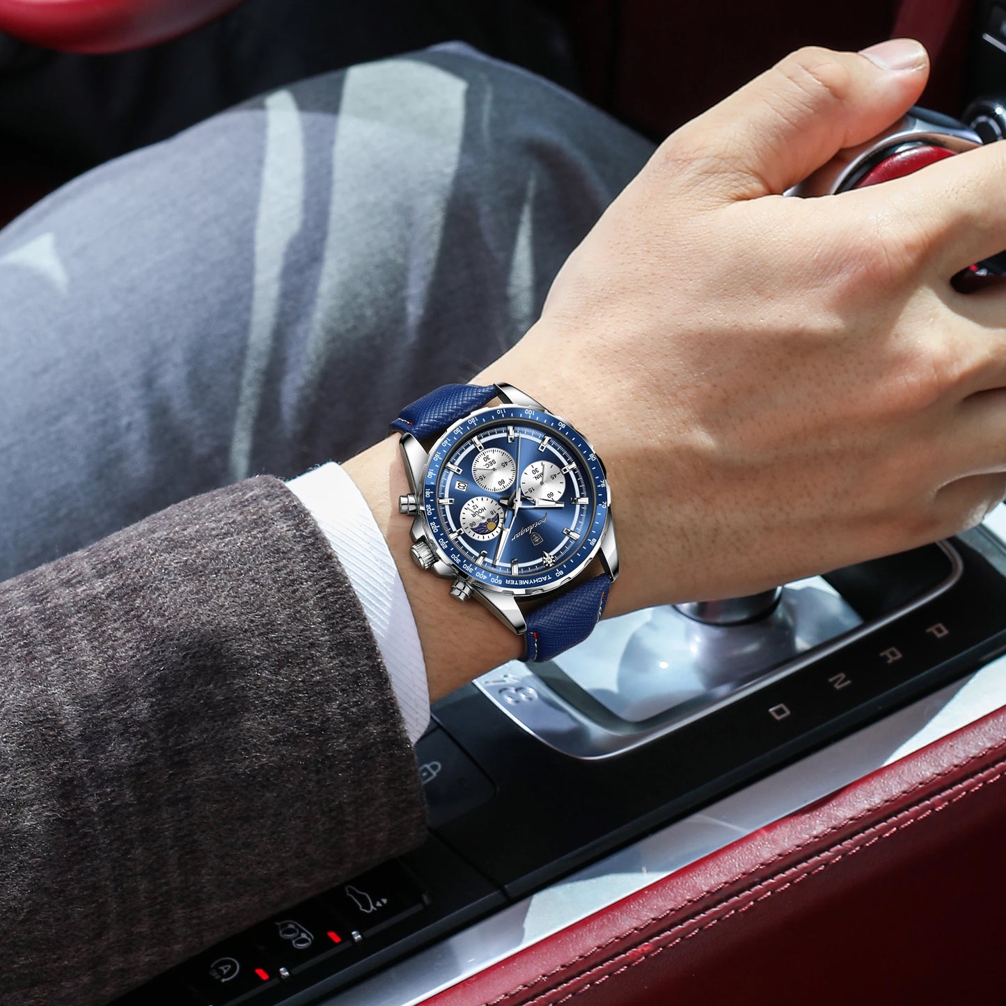 POEDAGAR Montre Homme Originale Tendance Lumineuse Étanche Chronographe Date Bracelet Cuir Quartz Sport Montres Hommes Reloj