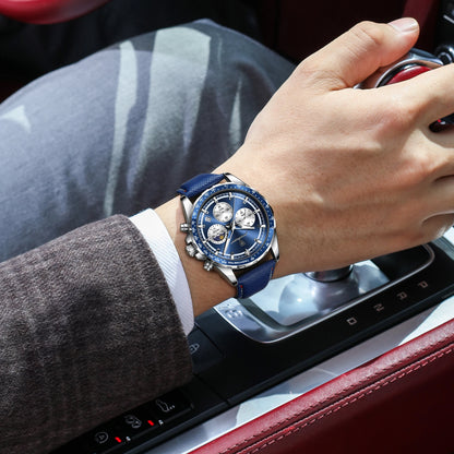 POEDAGAR Montre Homme Originale Tendance Lumineuse Étanche Chronographe Date Bracelet Cuir Quartz Sport Montres Hommes Reloj