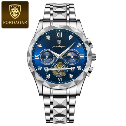 POEDAGAR Montre-bracelet homme de haute qualité en acier inoxydable, chronographe, pour affaires, étanche, lumineuse, à quartz
