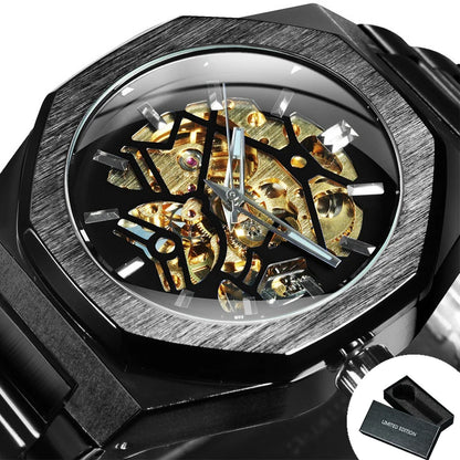 Montre mécanique classique Forsining à squelette pour homme Aiguilles lumineuses Bracelet en acier inoxydable Montres automatiques d'affaires irrégulières