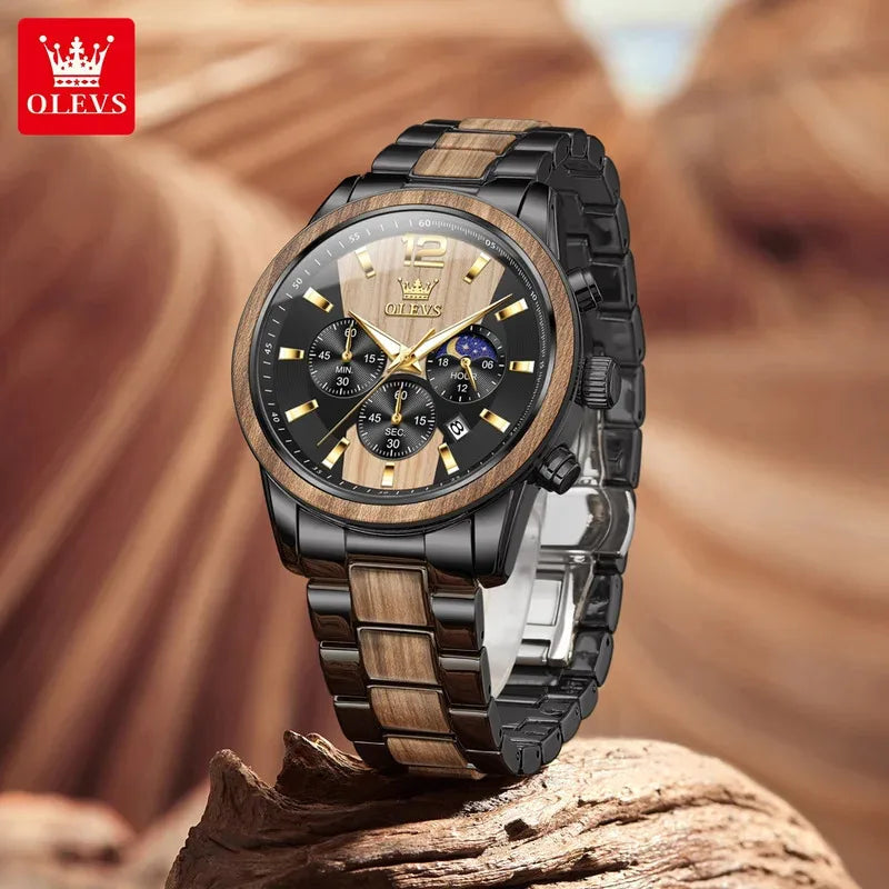 ChronoState OLEVS 3645 – Montre chronographe multifonction phases de lune | Montre de luxe pour homme à quartz et bois