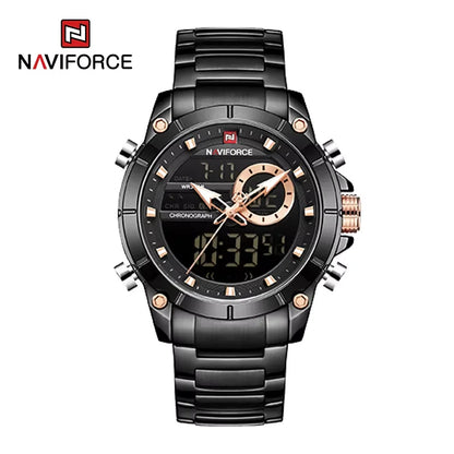 NAVIFORCE 9163 Montre-bracelet de sport de luxe originale pour hommes, mouvement à quartz, étanche en acier, double affichage, montres militaires Relogio Masculino