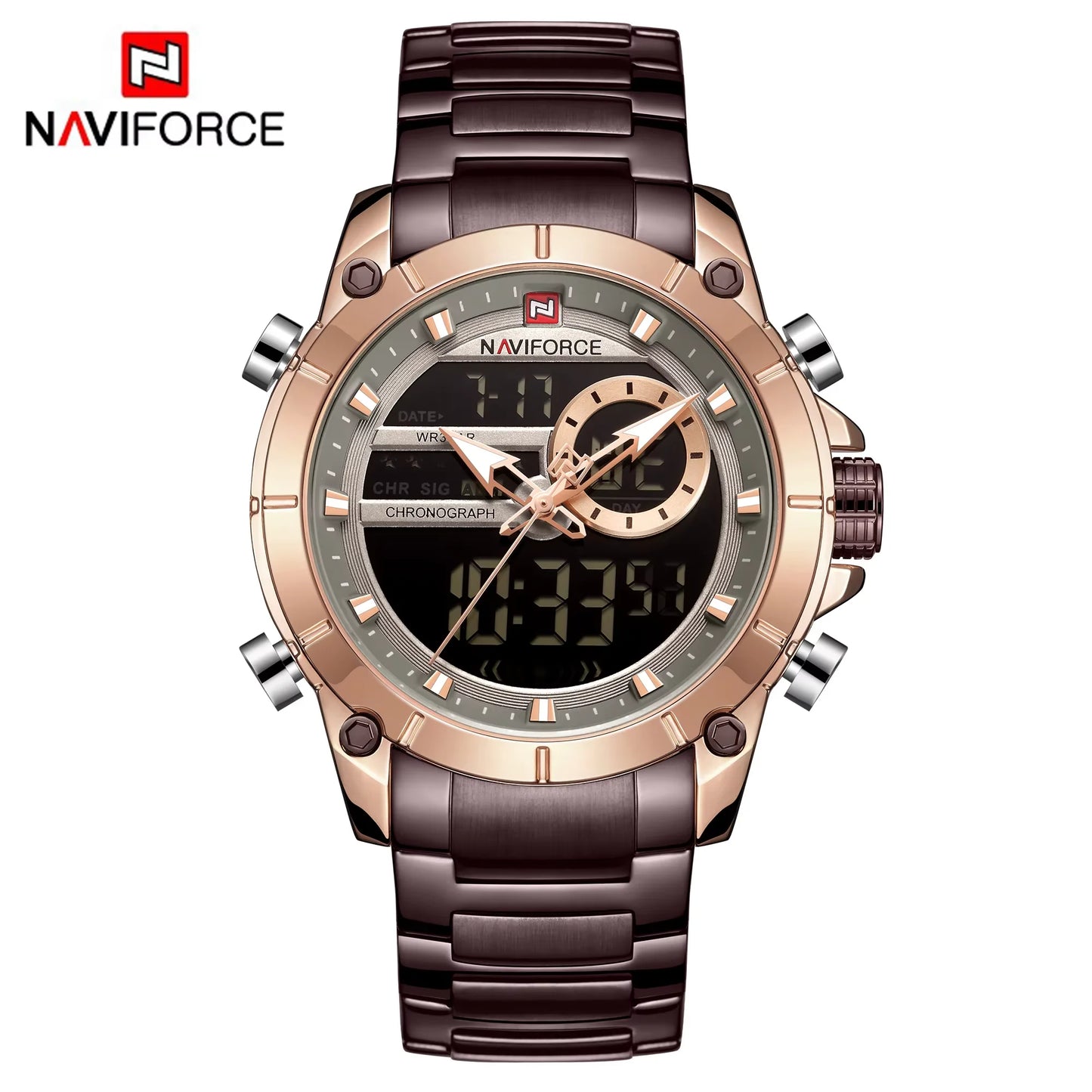 NAVIFORCE 9163 Montre-bracelet de sport de luxe originale pour hommes, mouvement à quartz, étanche en acier, double affichage, montres militaires Relogio Masculino