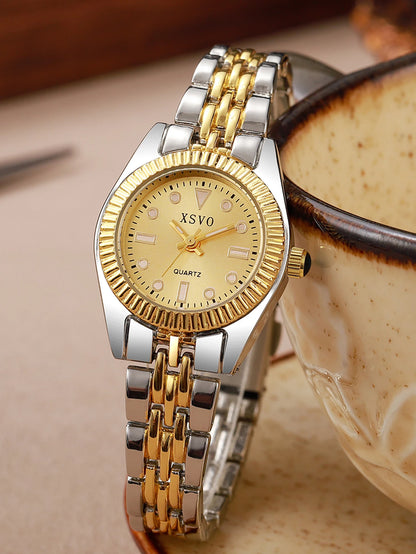Luxury Two-Tone Women's Watch, Fluted Bezel Date Dial, Stainless Steel Bracelet, Elegant Quartz Timepiece for Business & Daily W