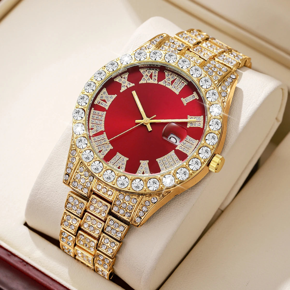 Montre à Quartz de Luxe Entièrement Diamantée pour Homme, Montre-Bracelet à Quartz Masculine Tendance avec Calendrier et Bracelet en Acier Inoxydable, Horloge de Date Reloj Hombre