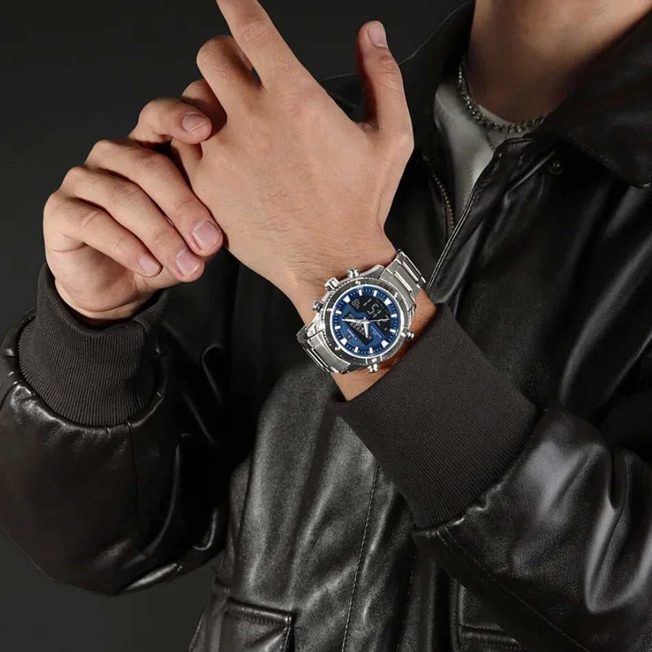 Montre NAVIFORCE Originale Neuve pour Hommes Double Affichage Heure Étanche Acier Inoxydable Multifonction Compte à Rebours Sports Réveil