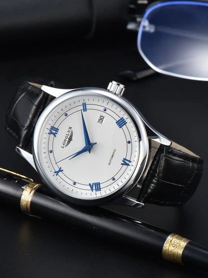 Automatic mechanical watch with date display and leather strap