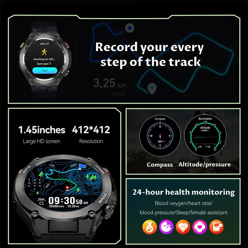 2026 New Military Outdoor Sports Smart Watch Men P68 Waterproof Built-in GPS Compass 650mAh Battery Bluetooth Call Smar twatch