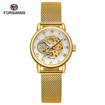 Forsining 099L Montre squelette élégante et tendance pour femmes, nouvelles montres-bracelets mécaniques de luxe en or rose pour dames