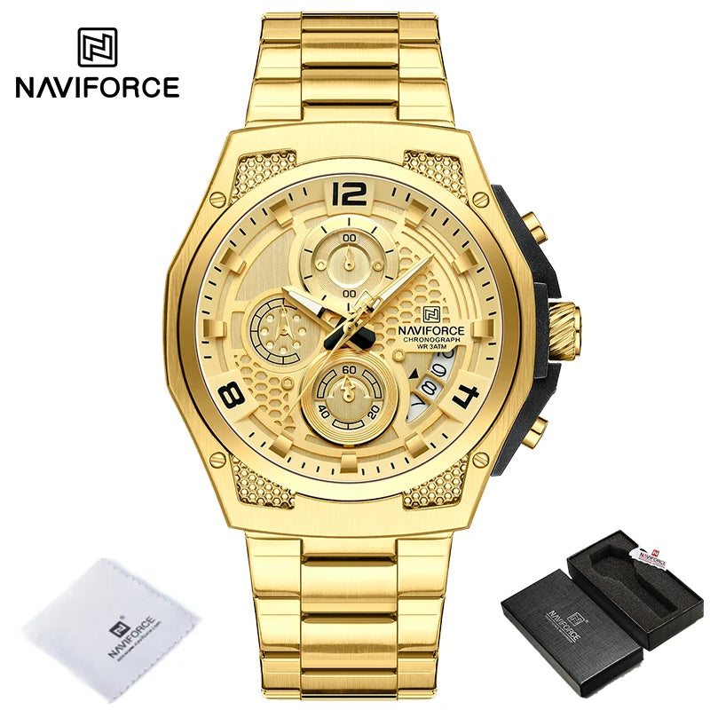 Montres Homme Sport Décontractées Marque NAVIFORCE Chronographe à Quartz Multifonction avec Affichage de la Date Bracelet en Acier Montre-Bracelet Reloj Hombre