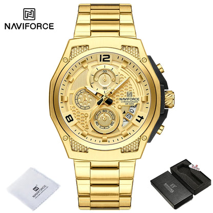 Montres Homme Sport Décontractées Marque NAVIFORCE Chronographe à Quartz Multifonction avec Affichage de la Date Bracelet en Acier Montre-Bracelet Reloj Hombre