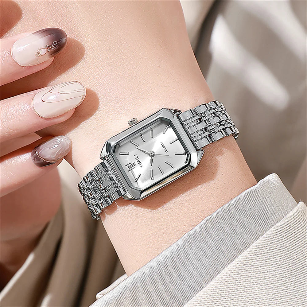 Montre à quartz de luxe pour femme, mode, cadran simple, carré, plaqué or de qualité, montre-bracelet d'affaires en acier inoxydable avec boucle déployante