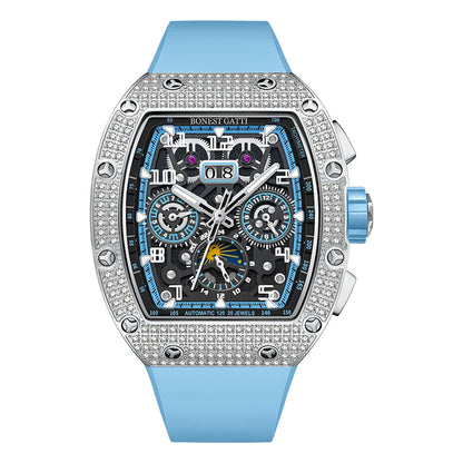 Montre Automatique BONEST GATTI Tonneau Mécanique Bracelet Caoutchouc Lunette Diamant Montres Pour Hommes